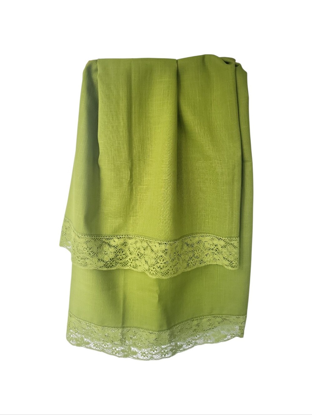 Vintage MCM Avacado Chartruese Green Lace Trimmed Rectangle Tablecloth 80" X 60"